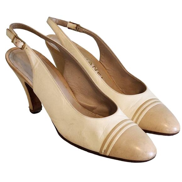 Vintage Chanel Slingback Leather Heels Cream and Tan Leather Size 36.5 / 6-6.5 - Picture 1 of 7